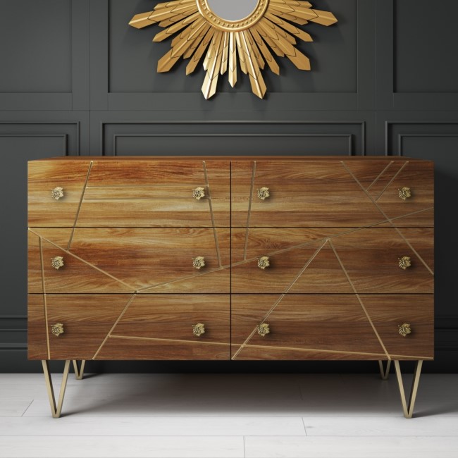 Wide Mango Wood Chest of 6 Drawers with Hairpin Legs - Halo