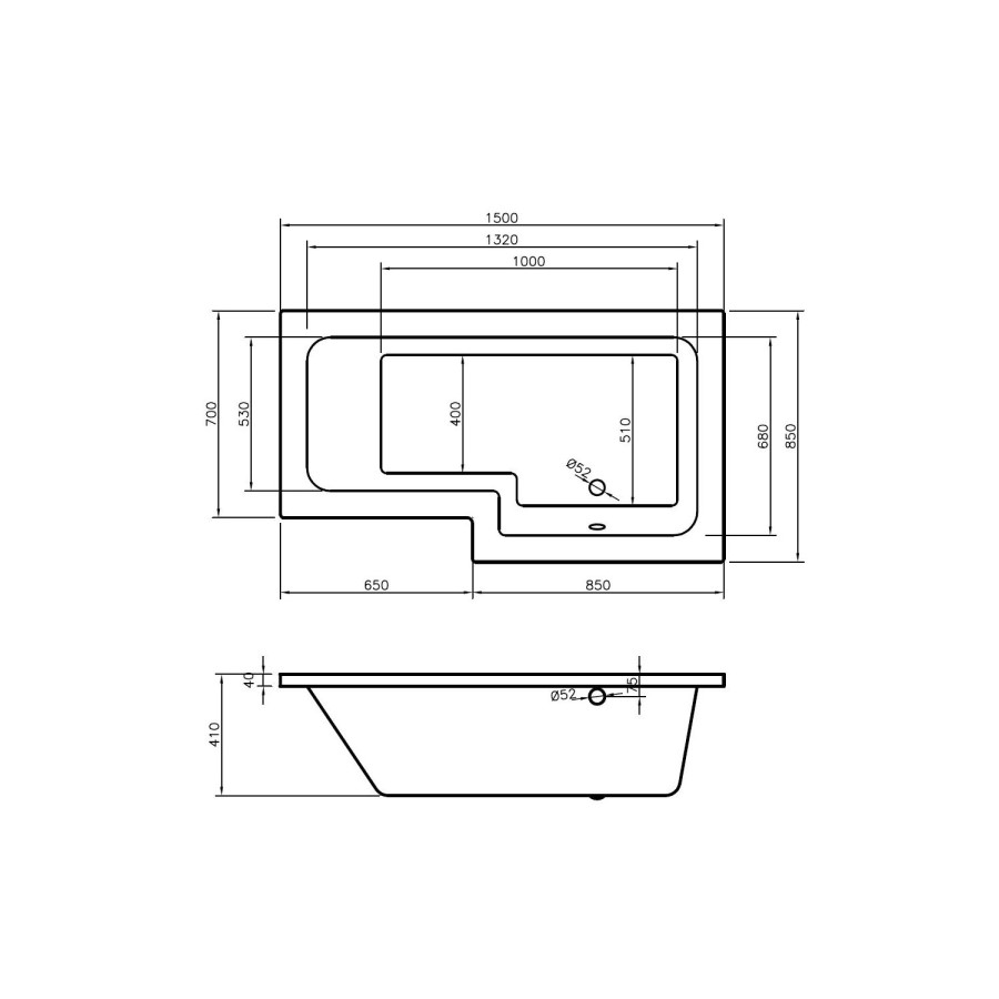 Lena Left Hand L Shape Shower Bath with Side Panel & Shower Screen- 1500 x 700mm