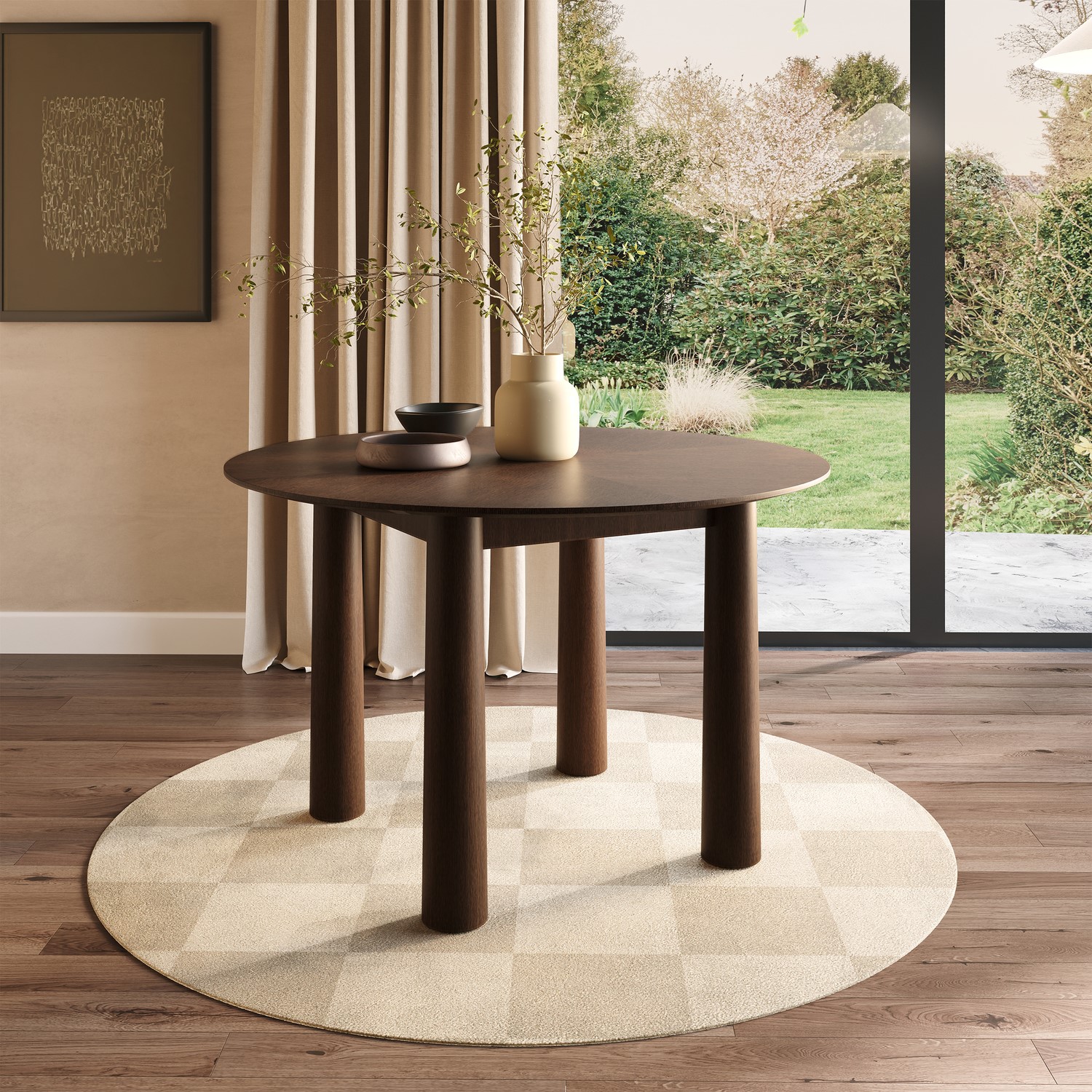 Round Walnut Dining Table Flared Legs Seats 4