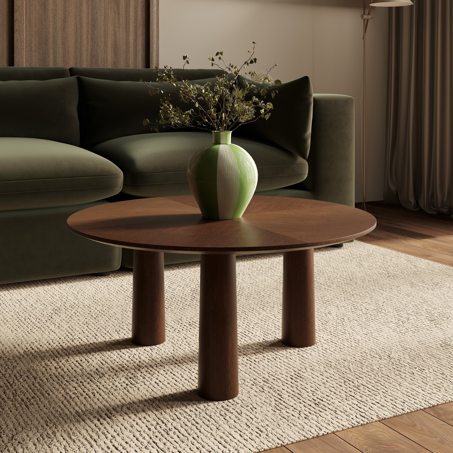 Large Round Walnut Coffee Table Flared Legs