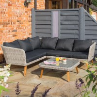 Rowlinson Rattan Garden Corner Sofa Set in Light Rattan with Dark Grey Cushions - Hanoi  Range