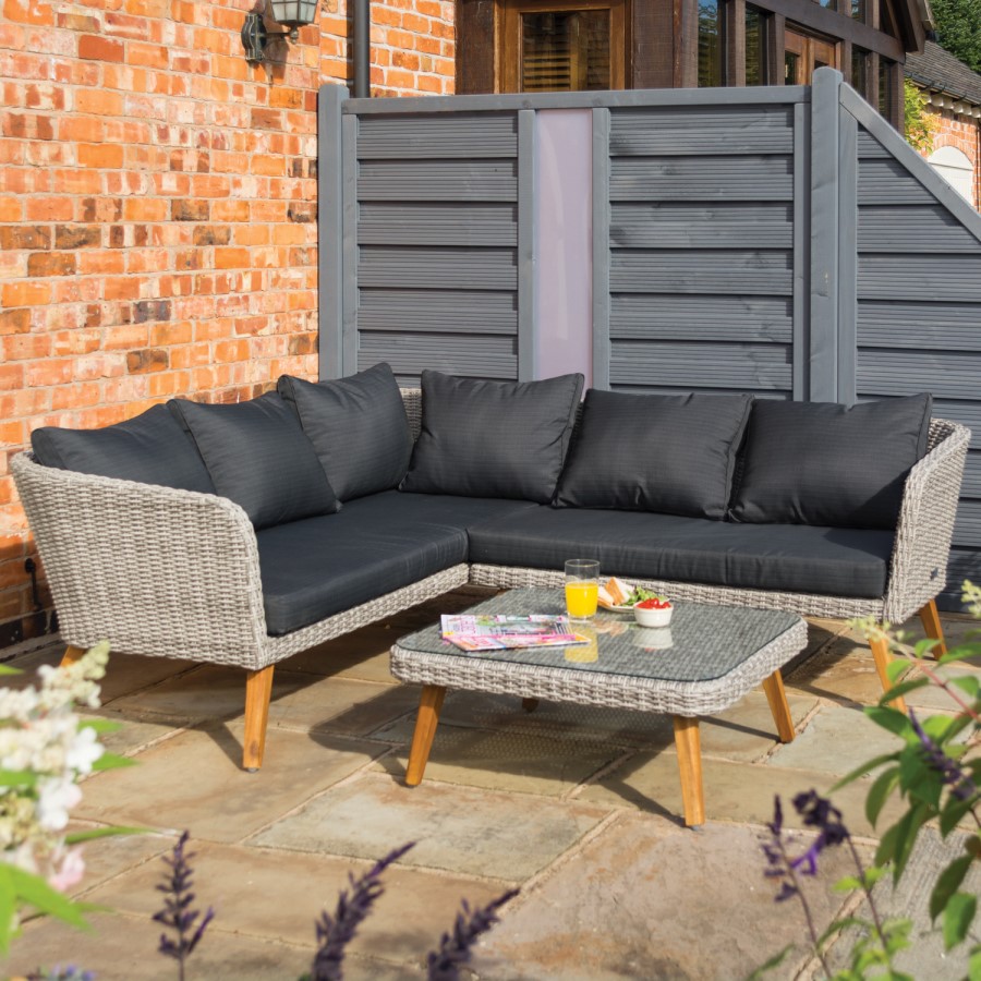 Rowlinson Rattan Garden Corner Sofa Set in Light Rattan with Dark Grey Cushions - Hanoi  Range