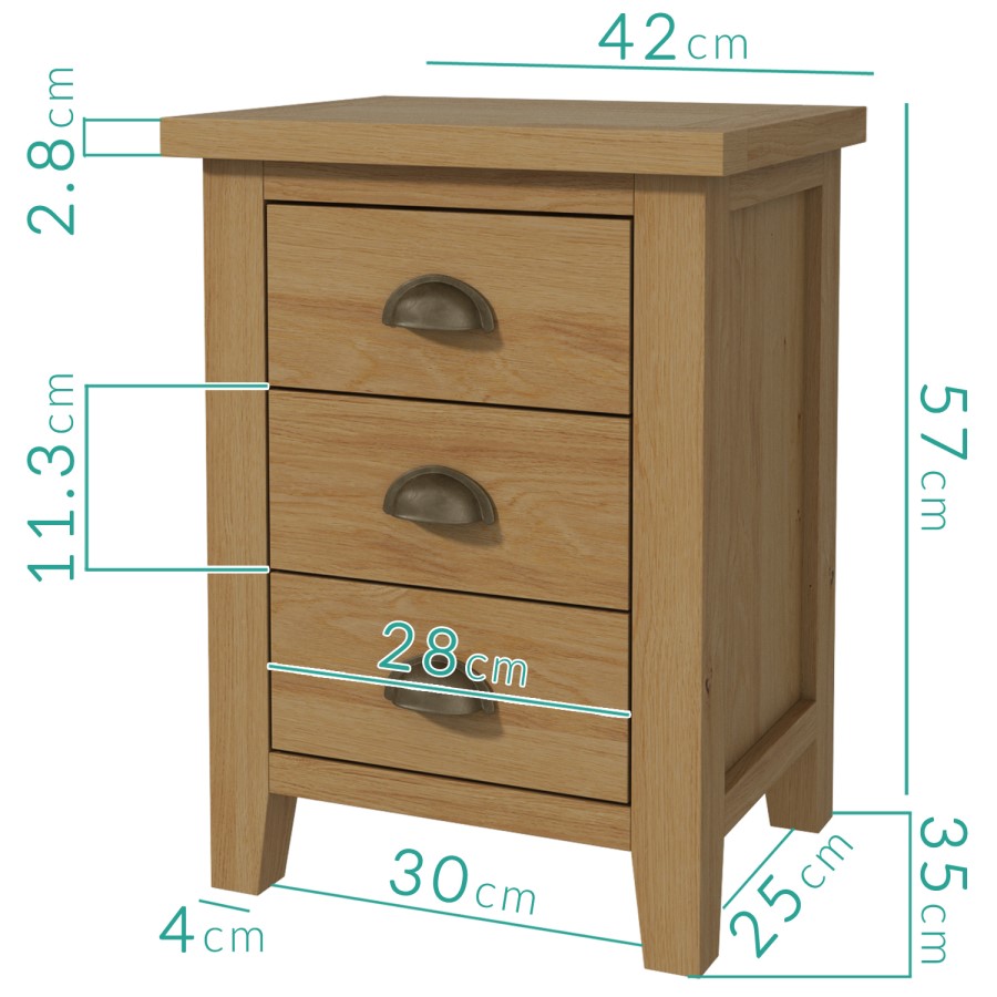 Harrington Solid Oak Bedside Table with 3 Drawers