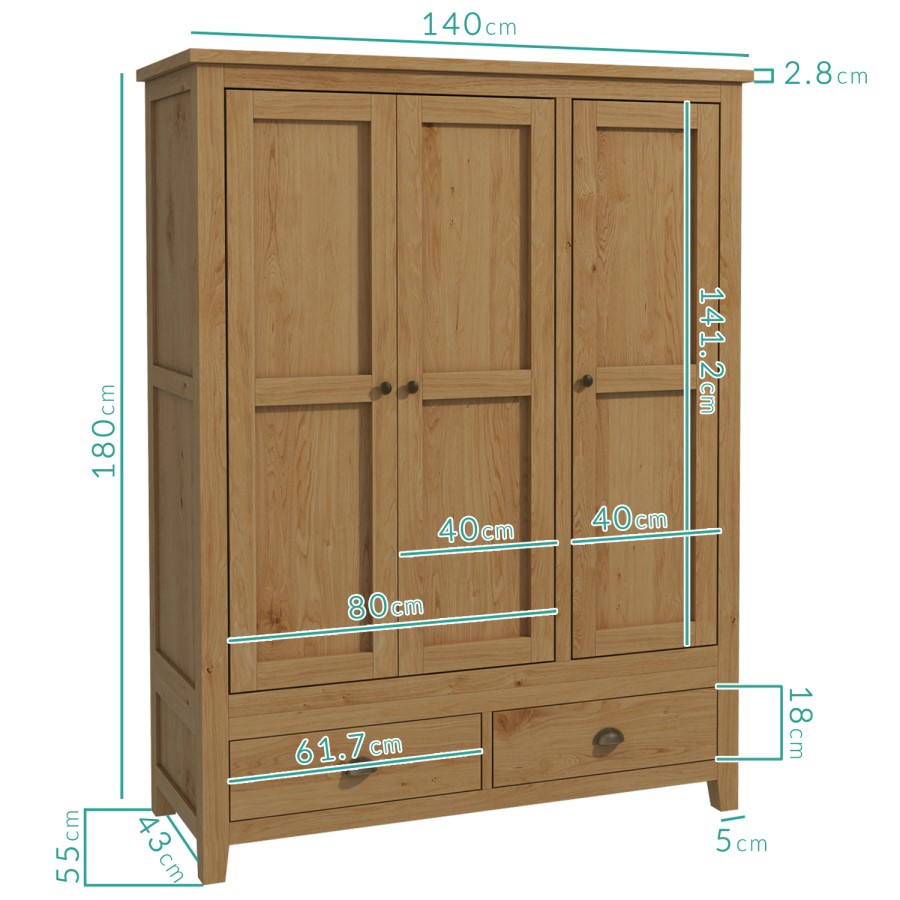 GRADE A1 - Harrington Solid Oak 3 Door 2 Drawer Wardrobe