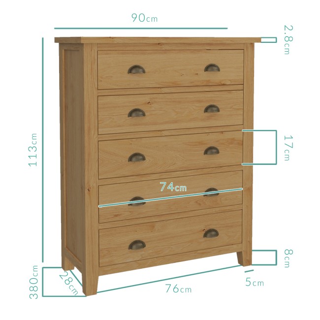 Harrington Solid Oak 5 Drawer Chest of Drawers