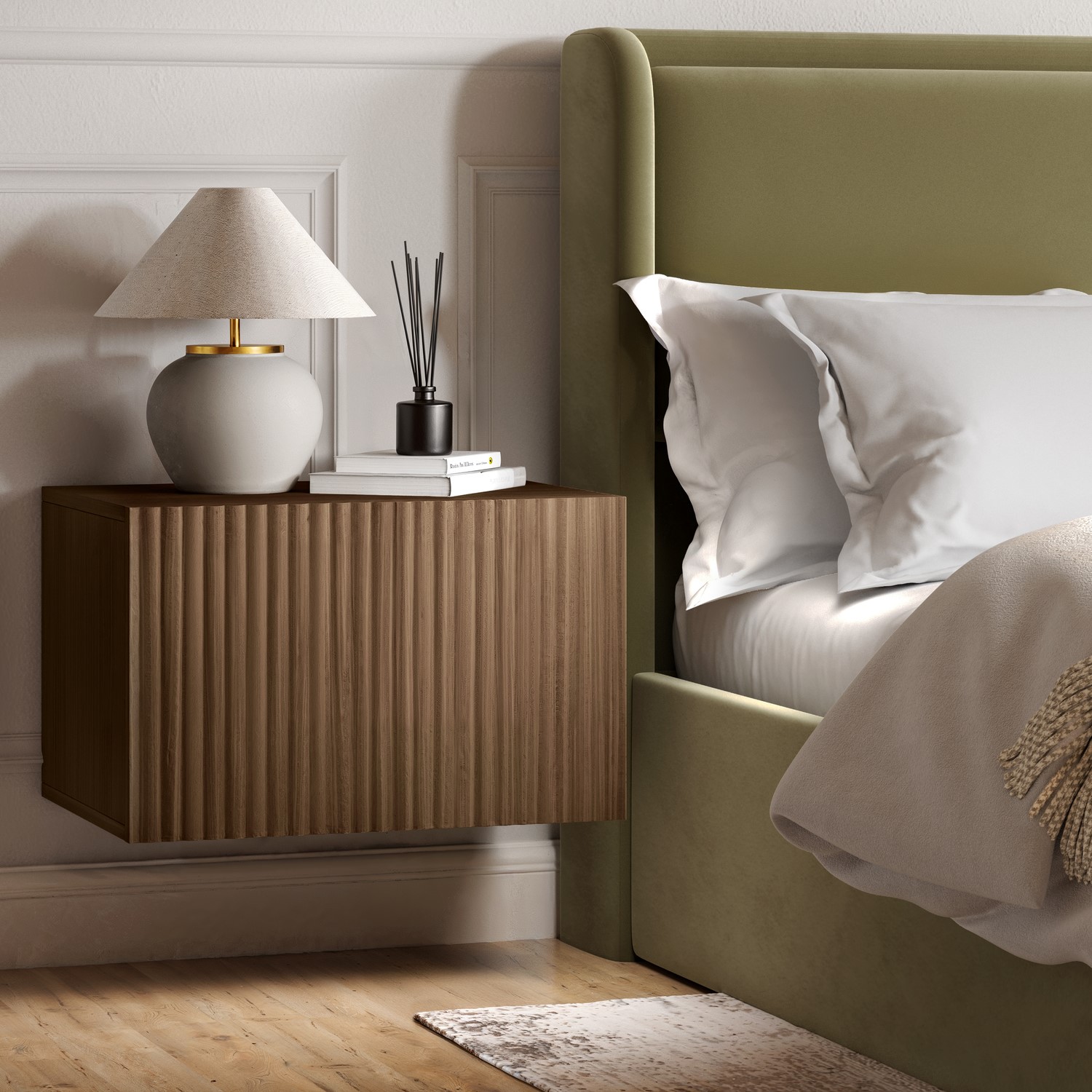 Wide Walnut Floating Bedside Table Storage