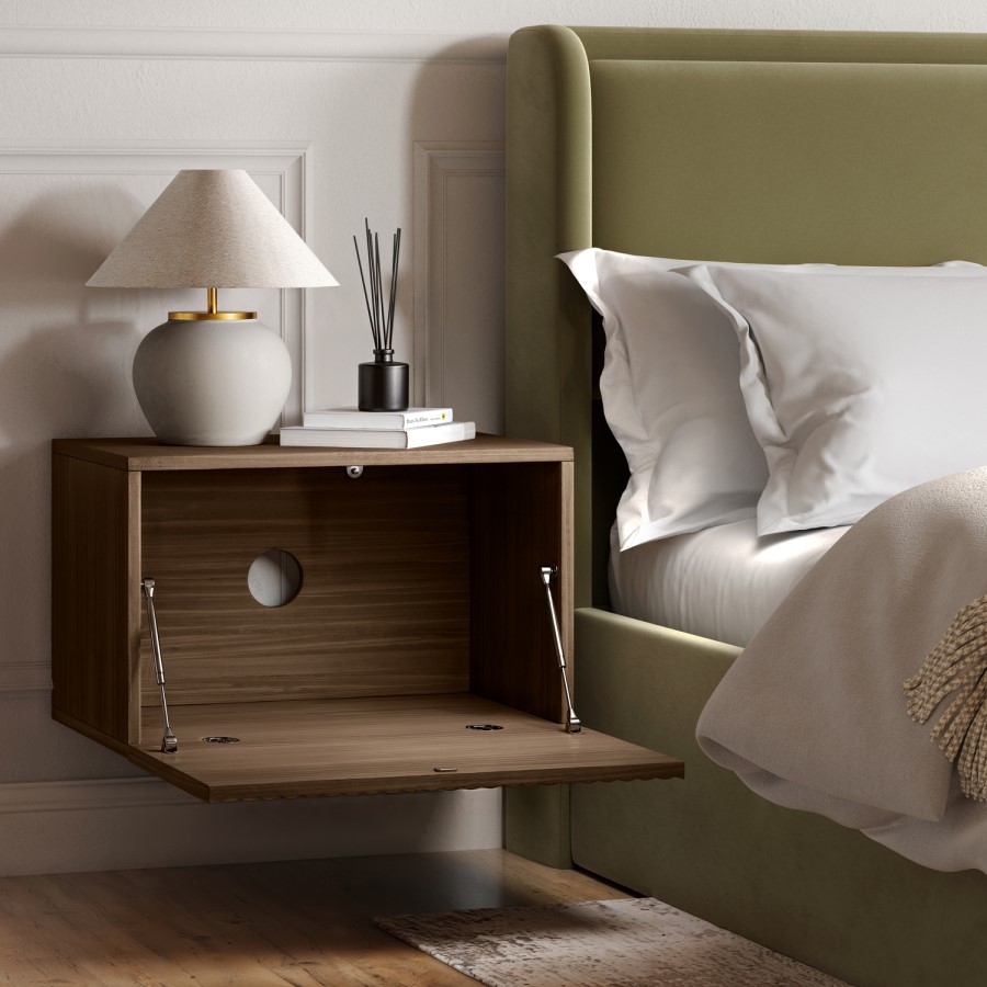 Wide Walnut Floating Bedside Table with Storage - Hazel