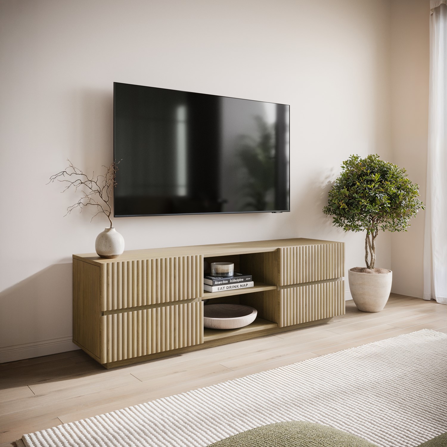 Tv Unit Ribbed Oak Large Oak Ribbed TV Stand with Storage - TV's up to 70