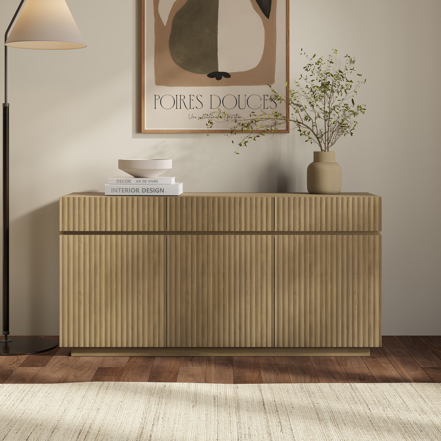 Large Oak Fluted Sideboard Cupboards Drawers