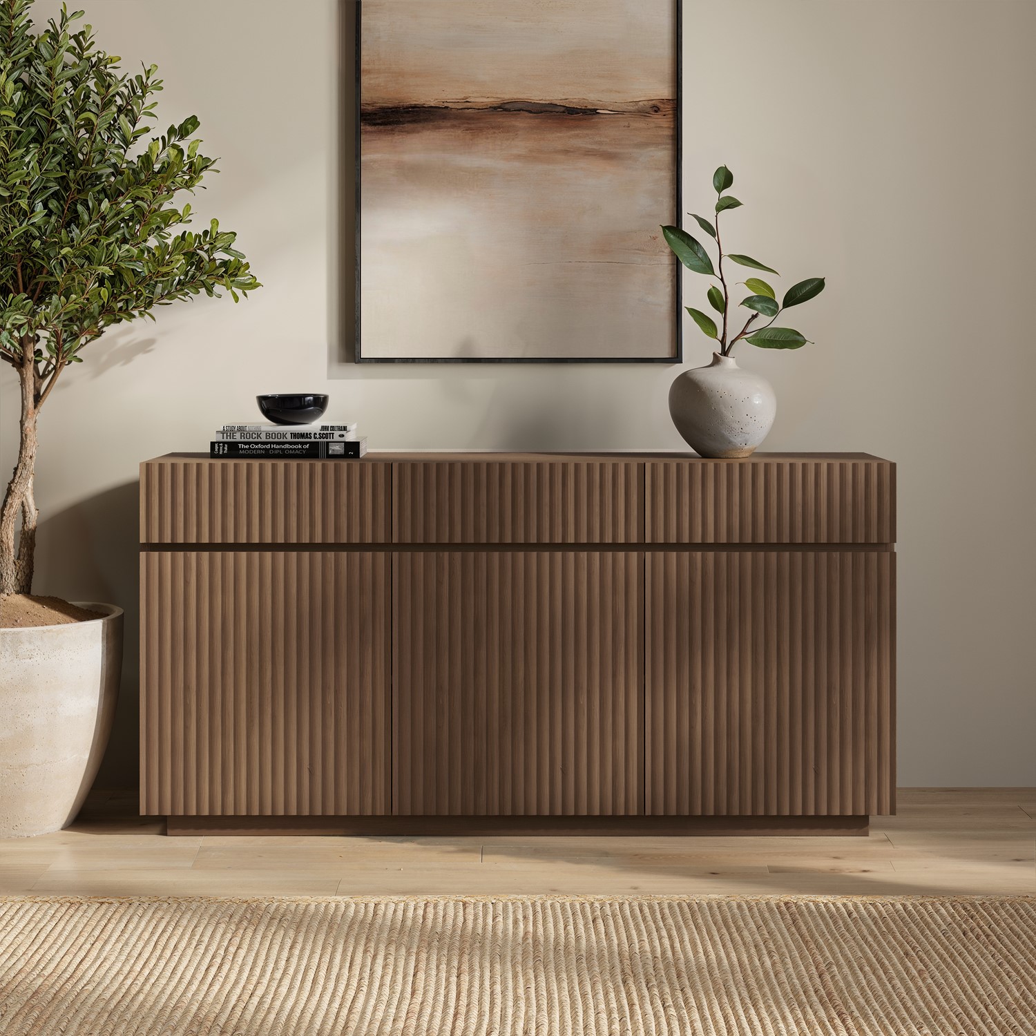 Large Walnut Fluted Sideboard Cupboards Drawers