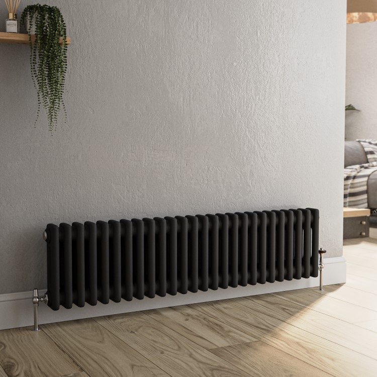 Reggio Midnight Black Horizontal Double Column Traditional Radiator 300x1190mm 2124 BTU - Cast Iron Style