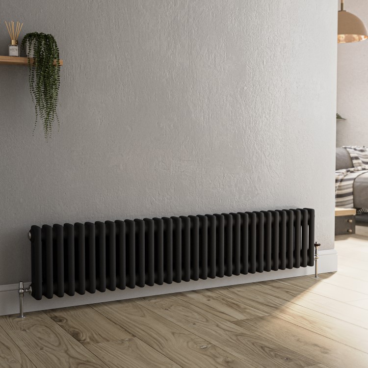 Reggio Midnight Black Horizontal Double Column Traditional Radiator 300x1460mm 2614 BTU - Cast Iron Style