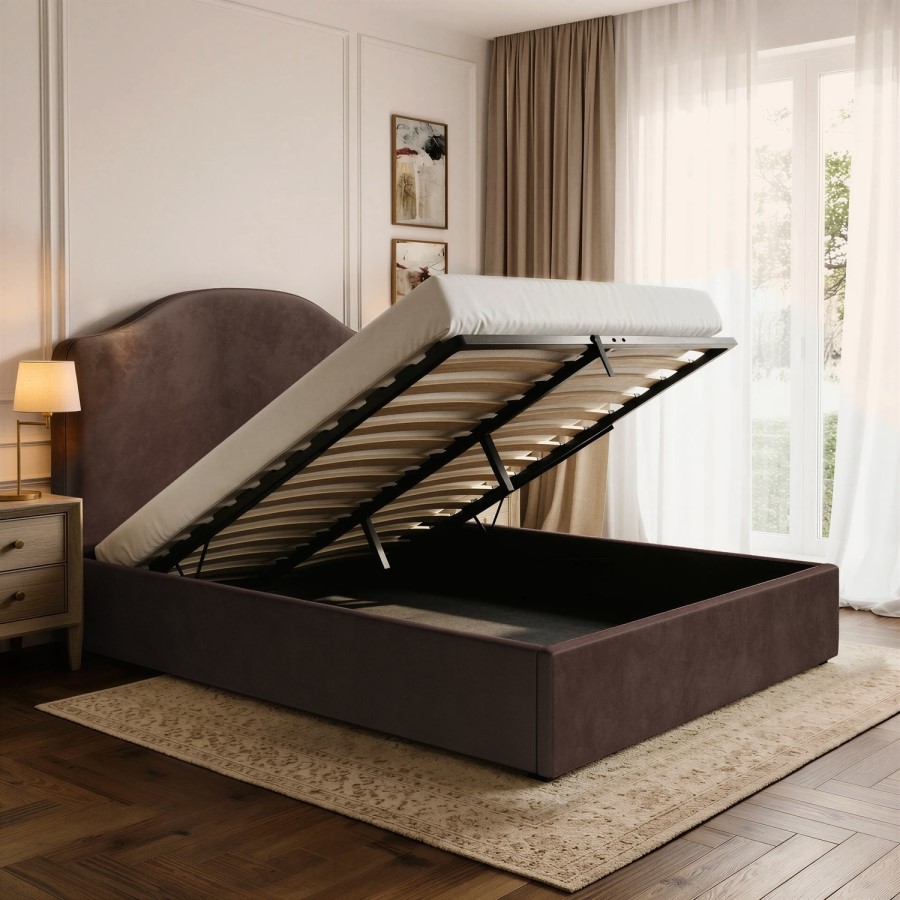 Chocolate Brown Velvet King Size Ottoman Bed - Henri 

