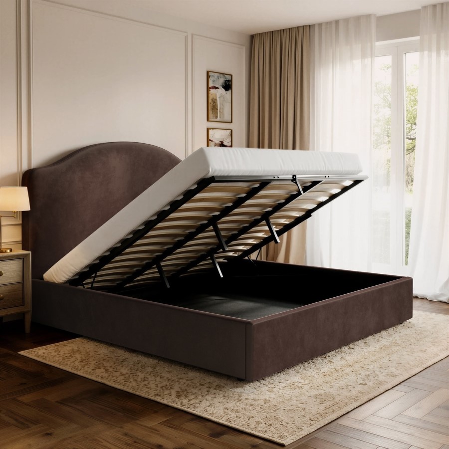 Chocolate Brown Velvet Super King Ottoman Bed - Henri 

