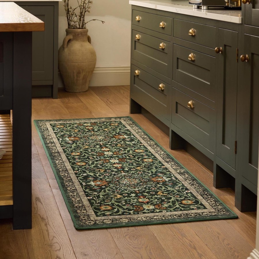 Washable Green Vintage Floral Runner Rug - 220 x 75 cm - Country Paisley - Origins