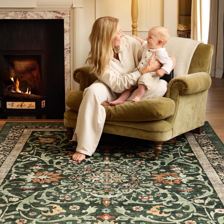 Washable Green Vintage Floral Rug - 185 x 120 cm - Country Paisley - Origins