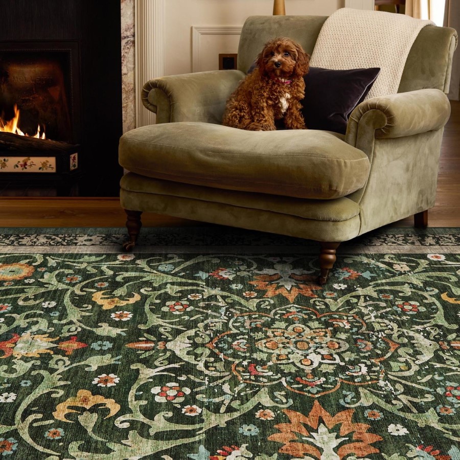 Washable Green Vintage Floral Rug - 185 x 120 cm - Country Paisley - Origins