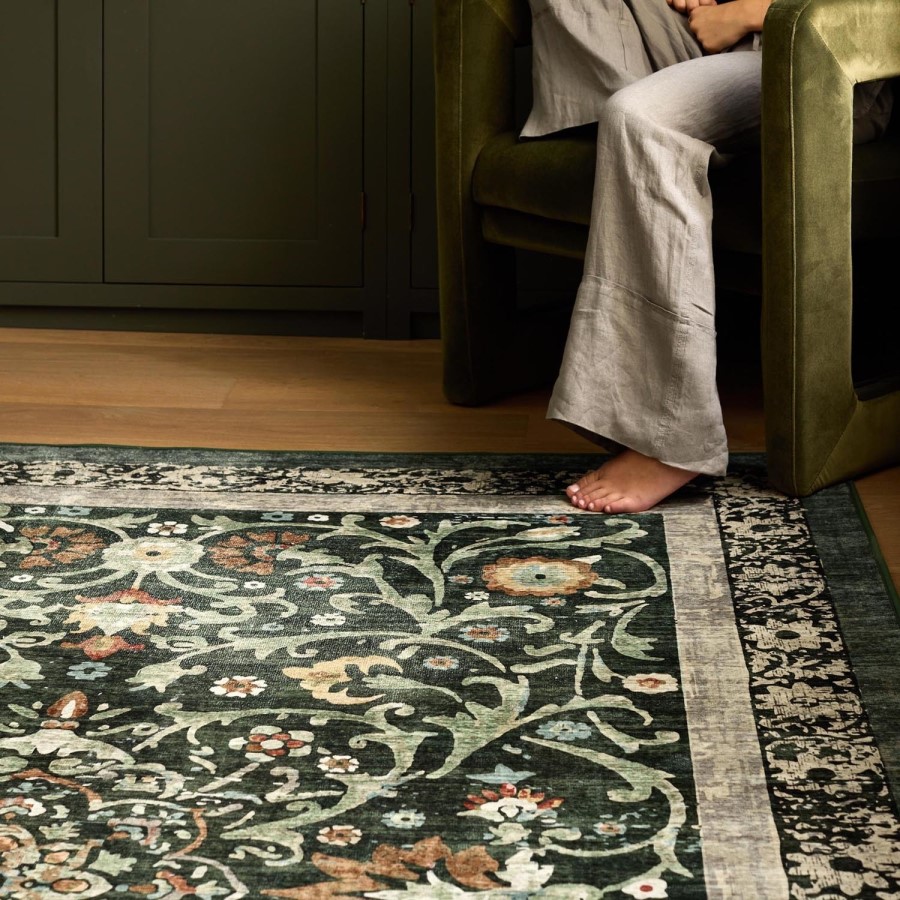 Washable Green Vintage Floral Rug - 185 x 120 cm - Country Paisley - Origins