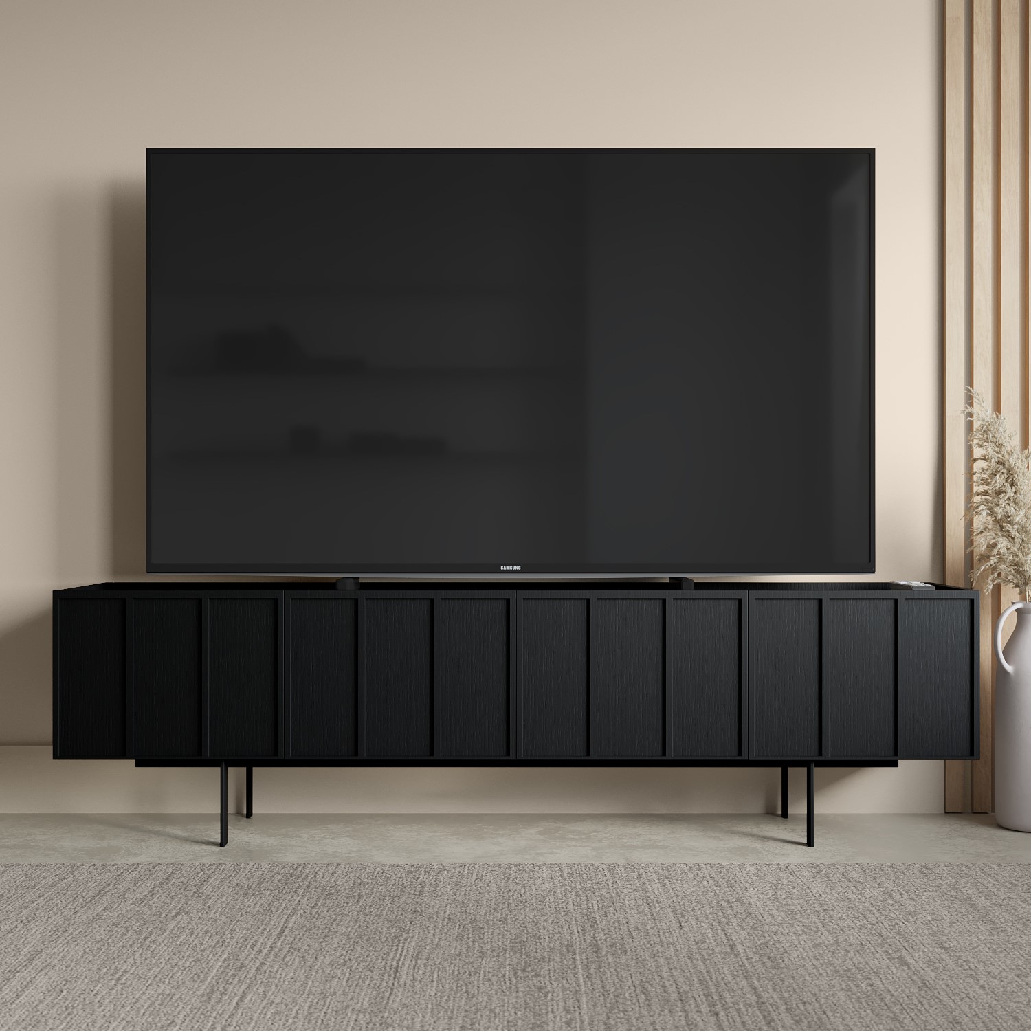 Photo of Wide black oak tv stand with storage - tvs up to 70 - helmer