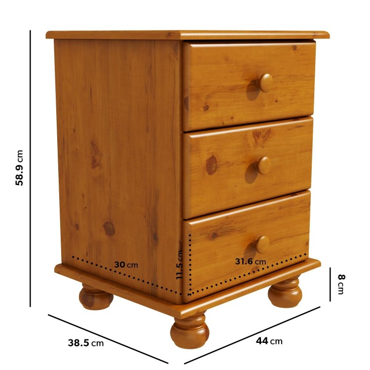 GRADE A2 - Pine 3 Drawer Bedside Table - Hamilton