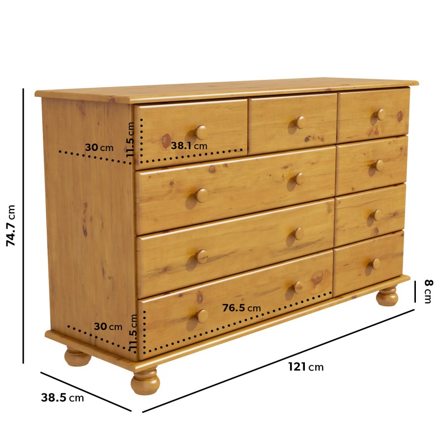 ONLY OPENED - Wide Pine Chest of 9 Drawers - Hamilton