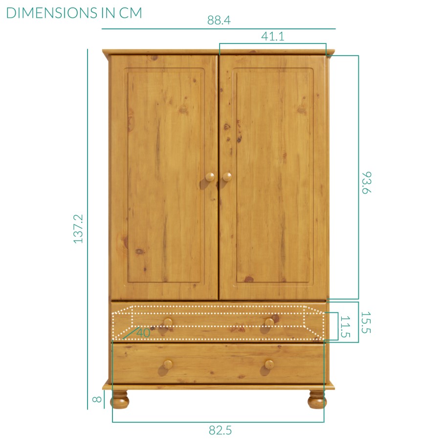 Hamilton 2 Door 2 Drawer Combi Short Wardrobe in Pine
