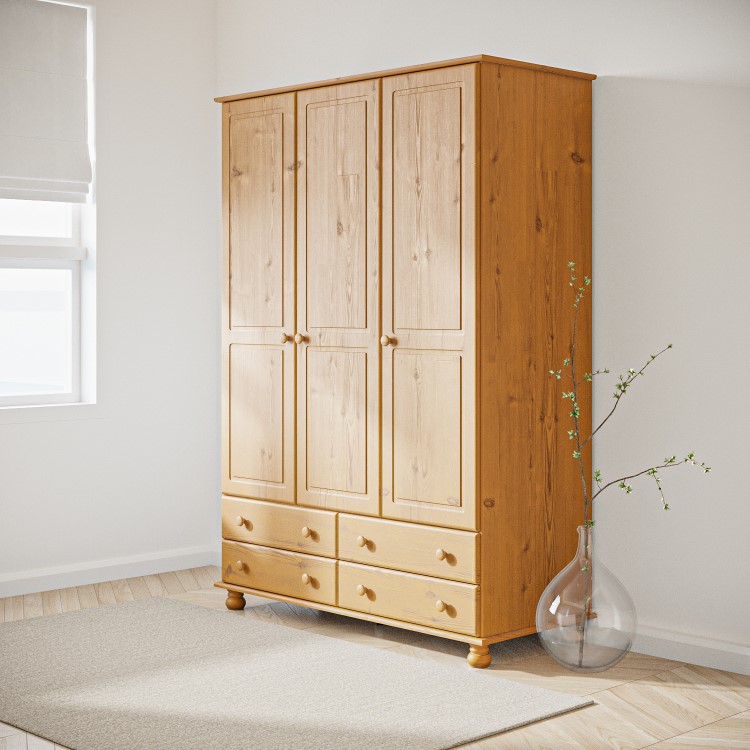 GRADE A2 - Pine 3 Door Triple Wardrobe with Drawers - Hamilton