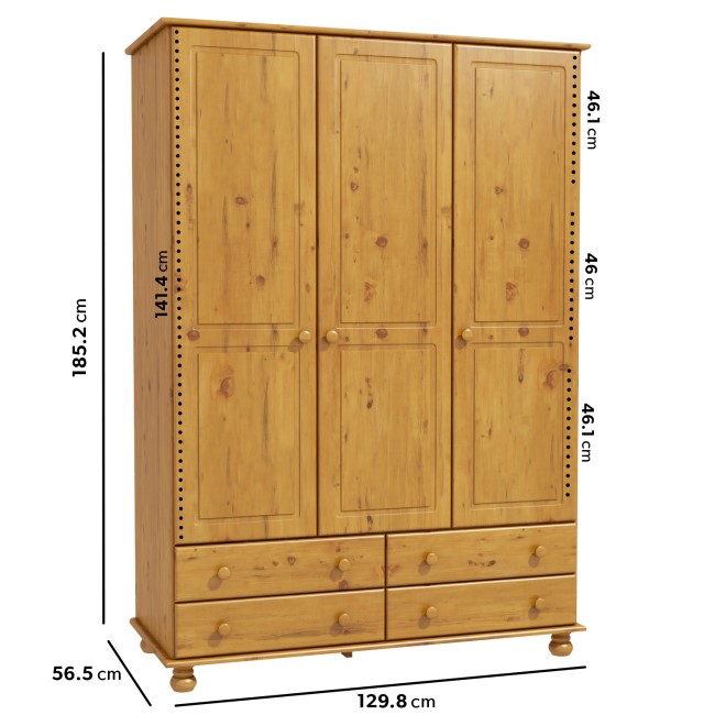 GRADE A2 - Pine 3 Door Triple Wardrobe with Drawers - Hamilton