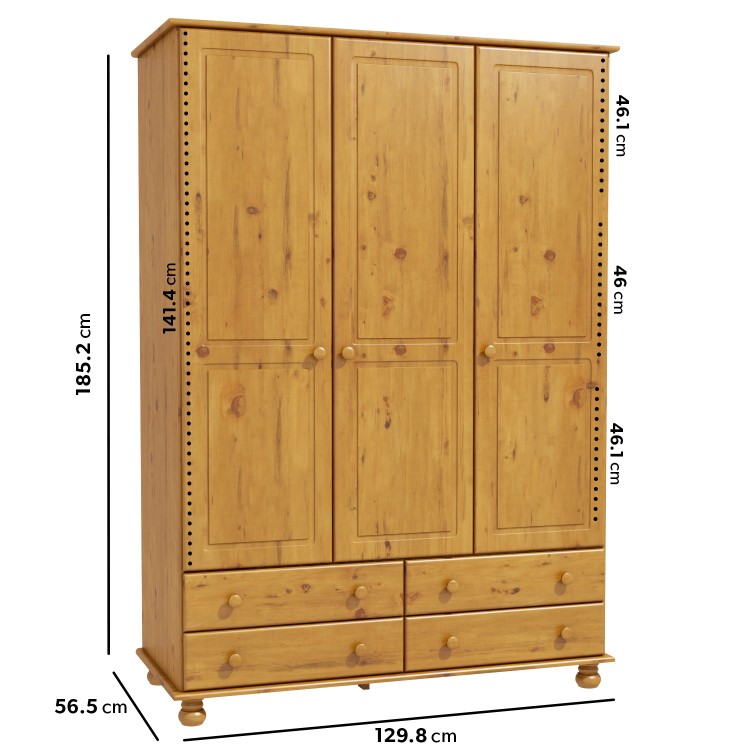 GRADE A2 - Pine 3 Door Triple Wardrobe with Drawers - Hamilton