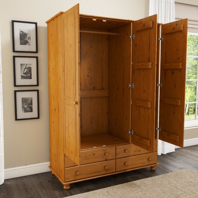 Pine 3 Door Triple Wardrobe with Drawers - Hamilton