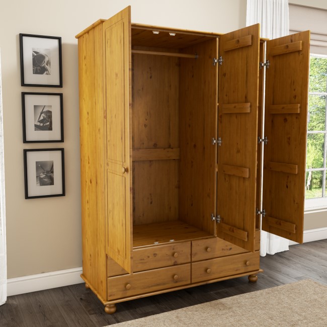 GRADE A2 - Pine 3 Door Triple Wardrobe with Drawers - Hamilton