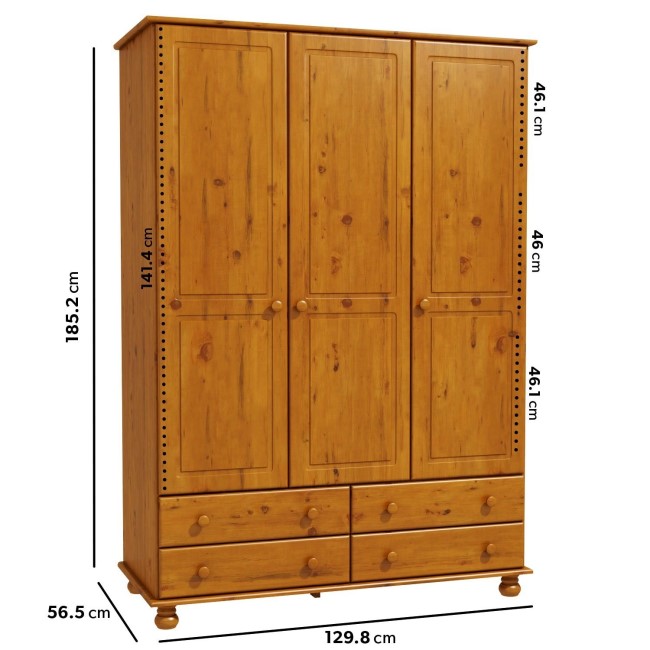 Pine 3 Door Triple Wardrobe with Drawers - Hamilton