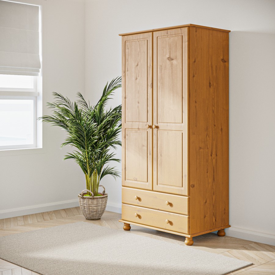GRADE A2 - Solid Pine Double Wardrobe with Drawers - Hamilton