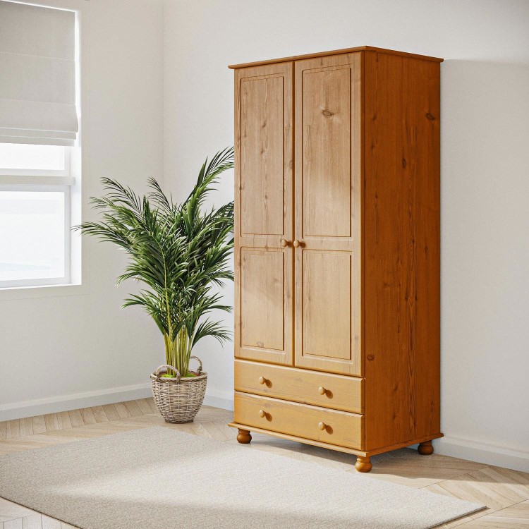 Pine 2 Door Double Wardrobe with Drawers - Hamilton