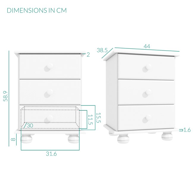 GRADE A1 - Hamilton White Wood Effect Bedside Table with 3 Drawers