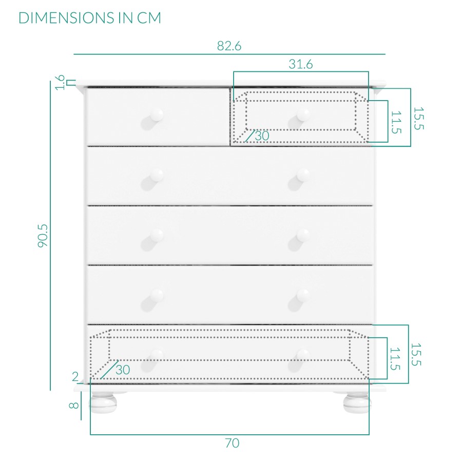 GRADE A1 - White Chest of Drawers with 6 Drawers - Hamilton