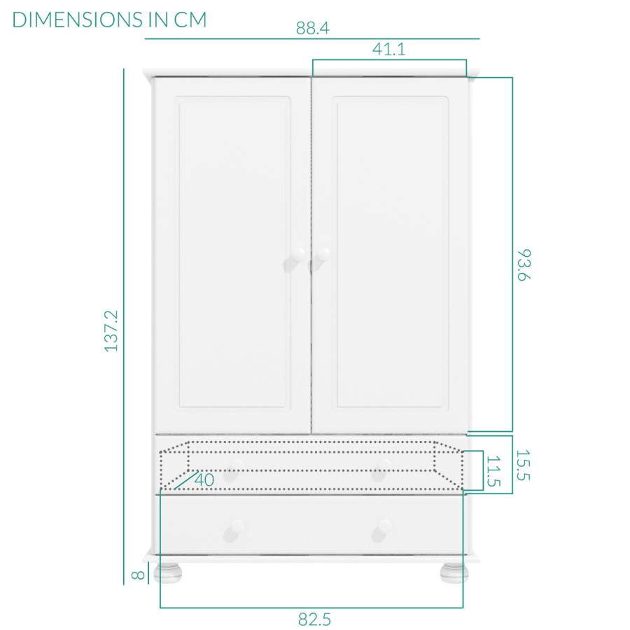 GRADE A1 - Hamilton 2 Door 2 Drawer Combi Short Wardrobe in White