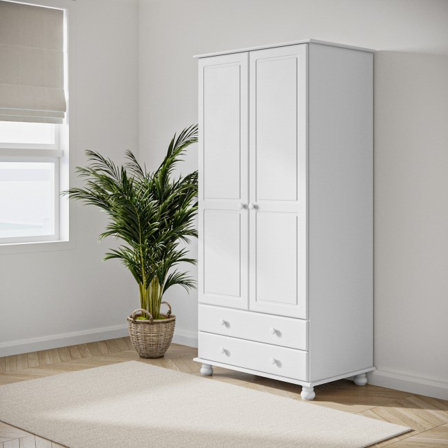White Painted Pine 2 Door Double Wardrobe with Drawers - Hamilton
