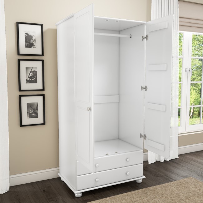 White Painted Pine 2 Door Double Wardrobe with Drawers - Hamilton