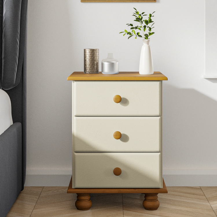 Cream and Pine 3 Drawer Bedside Table - Hamilton