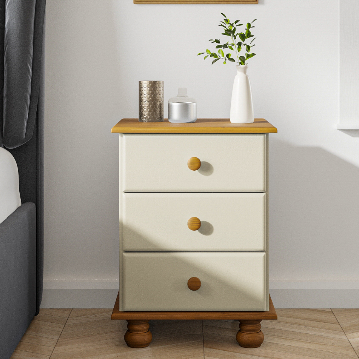 Cream and Pine 3 Drawer Bedside Table Hamilton Furniture123