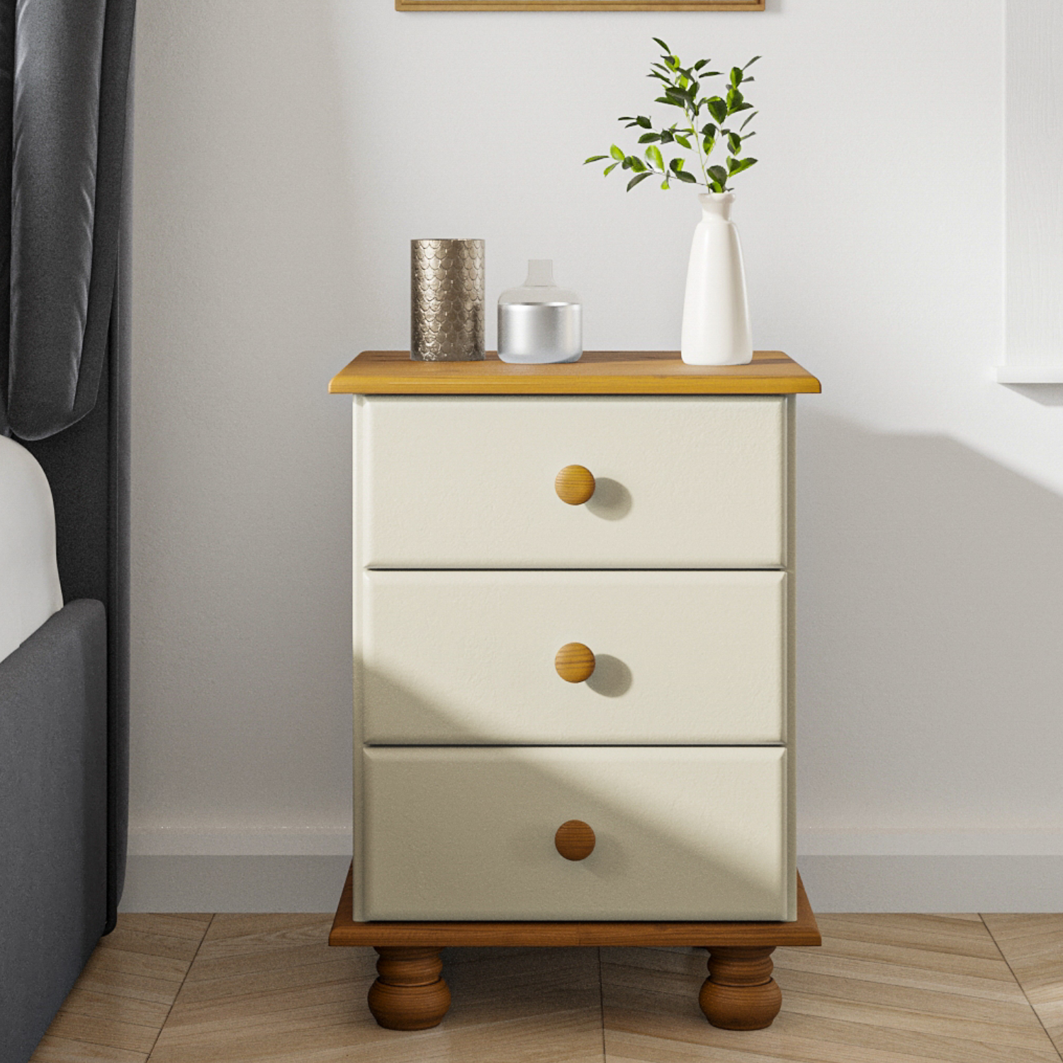 Photo of Cream and pine 3 drawer bedside table - hamilton