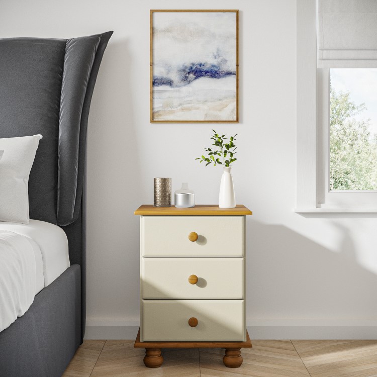 Cream and Pine 3 Drawer Bedside Table - Hamilton