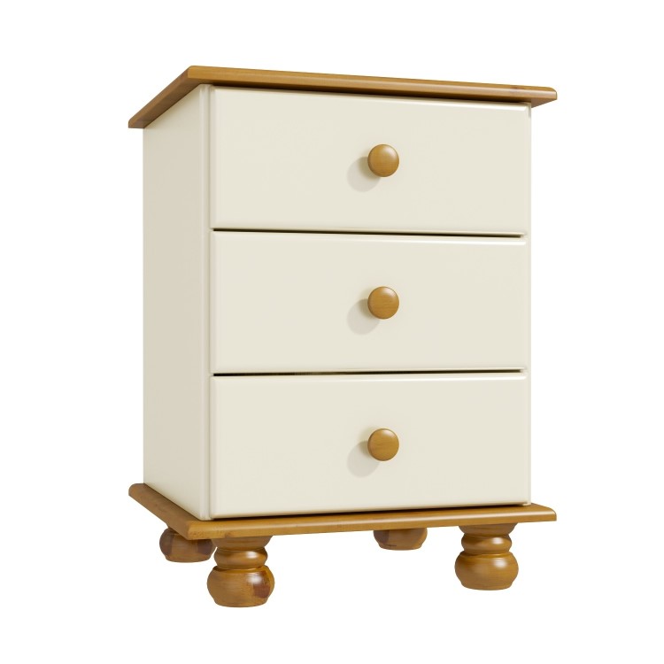 Cream and Pine 3 Drawer Bedside Table - Hamilton