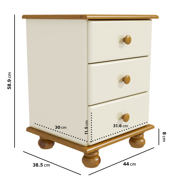 Cream and Pine 3 Drawer Bedside Table - Hamilton