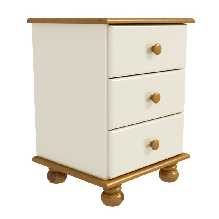 Cream and Pine 3 Drawer Bedside Table - Hamilton