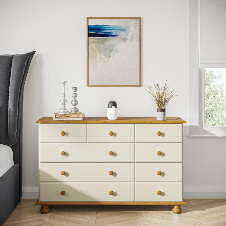 Wide Cream and Pine Chest of 9 Drawers - Hamilton