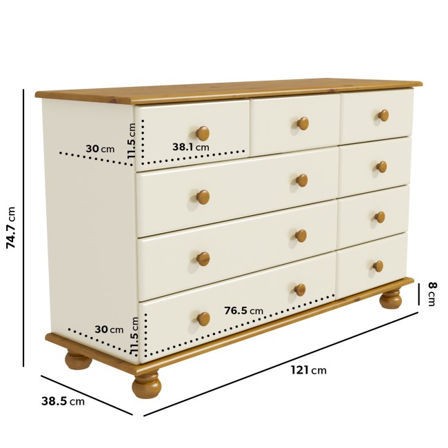 Wide Cream and Pine Chest of 9 Drawers - Hamilton