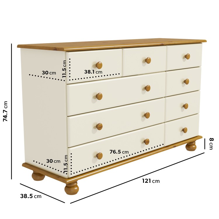 Wide Cream and Pine Chest of 9 Drawers - Hamilton