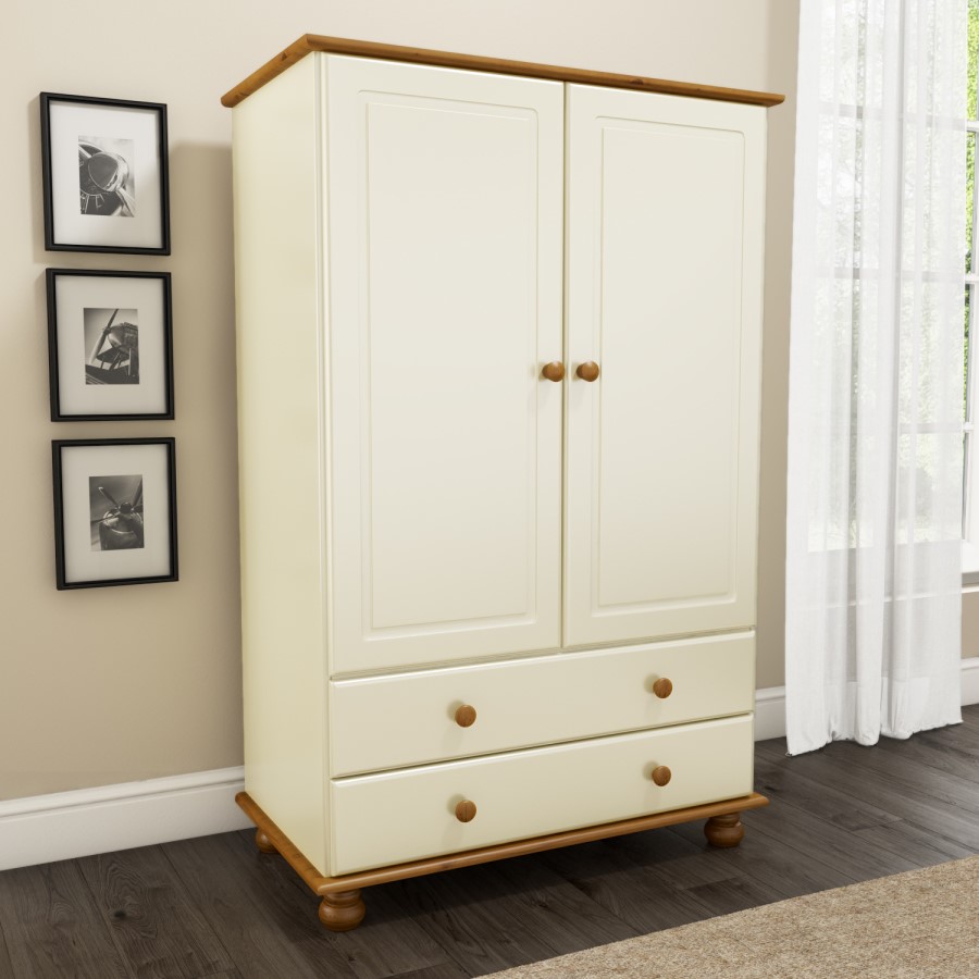 GRADE A1 - Hamilton 2 Door 2 Drawer Combi Short Wardrobe in Cream and Pine